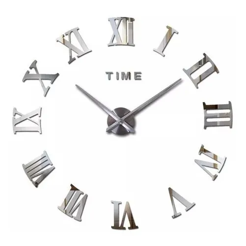 Reloj De Pared 3d Grande Plateado Números Romanos 
