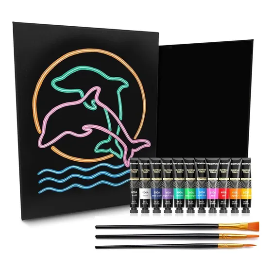 Kit Lienzo Negro 30x40cm + Pintura Glow 10 + 3 Pinceles