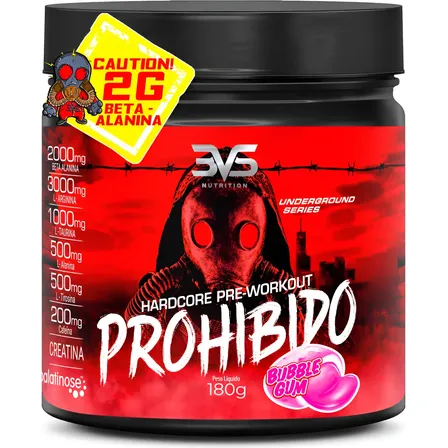 Pré Treino Prohibido 180g Sabor Bubble Gum - Fórmula Avançada Contendo Creatina, Beta Alanina, Taurina, L-tirosina, L-alanina, Cafeína, Arginina E Palatinose - Extra Forte Chiclete