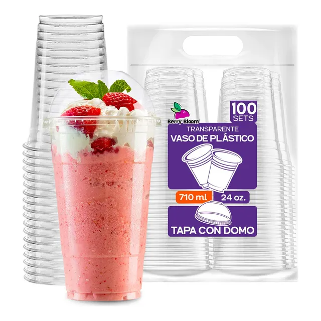 Berry Bloom 100 Vasos Desechables De Plástico Con Tapa Tipo Domo 24 Oz Transparentes, Resistentes, Vasos Perfectos para Llevar Bebidas Frías