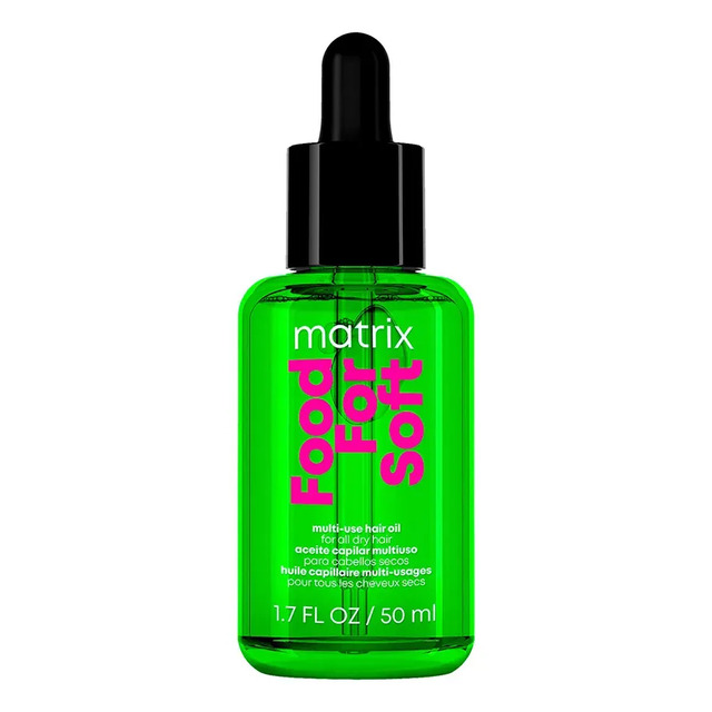 Frasco de vidro transparente de 50ml do óleo capilar Matrix Food For Soft com líquido verde e tampa conta-gotas preta sobre fundo branco