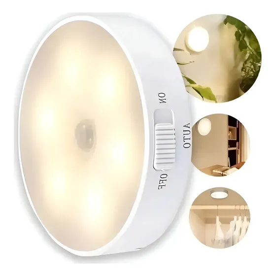 Kit com 4 Lâmpadas LED Redondas com Sensor de Movimento, Recarregáveis para Uso Interno