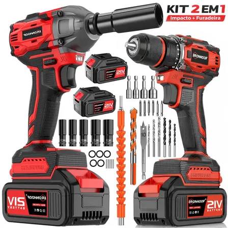 Kit 2 Furadeira Parafusadeira Sem Fio Chave De Impacto Brushless Com Jogo Soquet