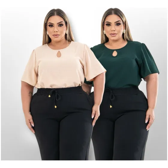 Kit 2 Blusas Feminino Gola Redonda Com Mangas Lisa Plus Size