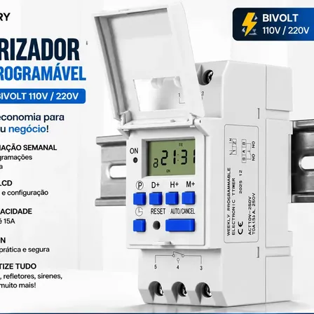 FORESTORY Temporizador Digital Programável Trilho DIN Bivolt 110V 220V 15A Timer Semanal Automático Interruptor Horário LCD 40 Programações Para Iluminação Refletor Sirene Bomba Automação Residencial