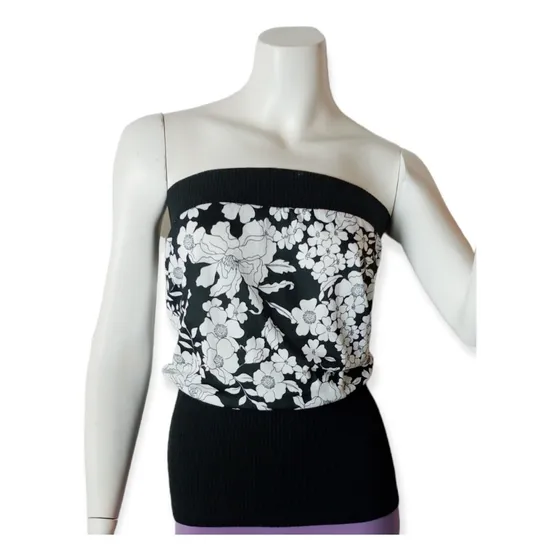 Blusa Strapless Floreada Blanco Y Negro, Talla M Dama Mujer