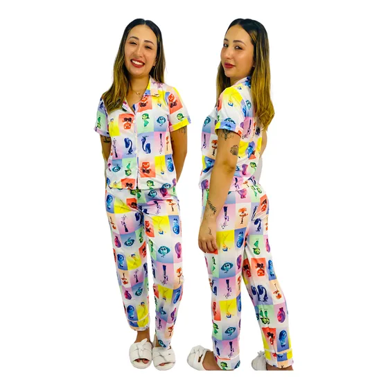 Pijama Feminino Americano Longo Divertida Mente Com Botão
