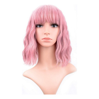 ` Wavy Wig Short Pink Wigs With Air Bangs ` Wavy Wig Short Pink Wigs With Air Bangs