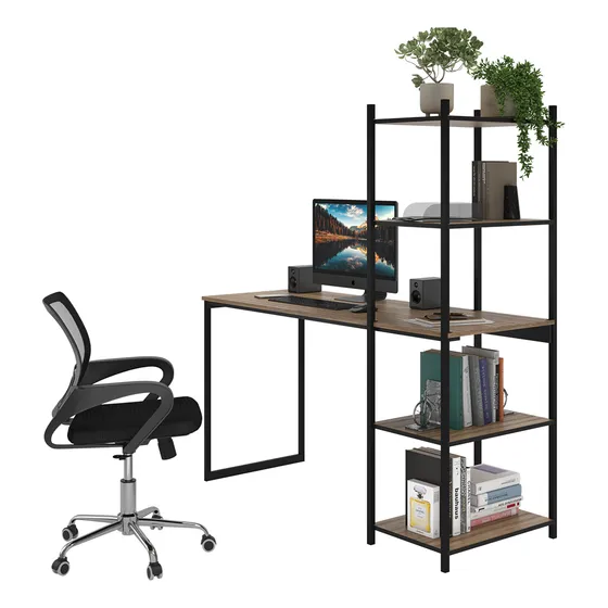 Set Escrivaninha Com 5 Prateleiras Lamina Com Preto + Cadeira Mesh - Estilo Vintage Madeira E Metal Para Home Office