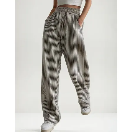 Calça Feninina Pantalona Listrada Wide Leg Elastico Bolsos