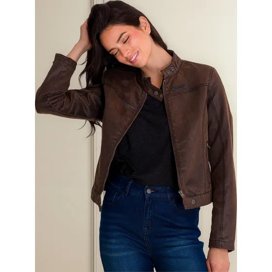 Campera Caterpillar W Waxed Moto Jacket Dark Brown Para Dama