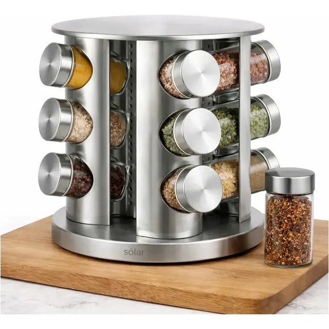 Porta Tempero Giratório 360 Com 12 Potes Vidro Suporte Inox
