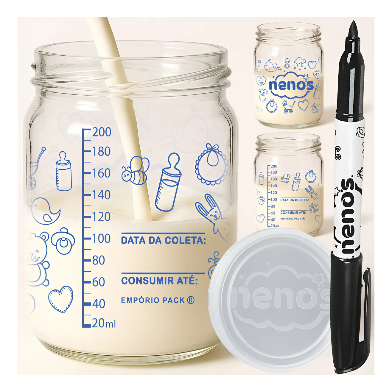 12 Potes Vidro Armazenar Leite Materno E Papinha De 200ml
