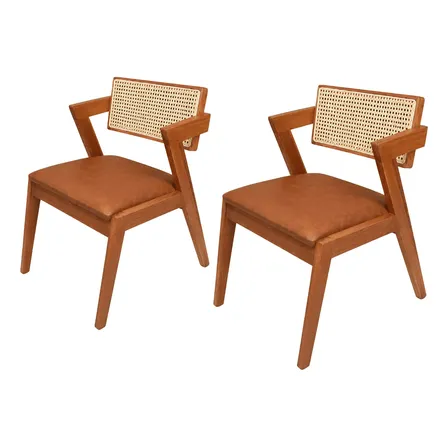 Conjunto 2 Cadeiras De Telinha Para Mesa De Jantar Madeira Liso Cinamomo Courino Caramelo