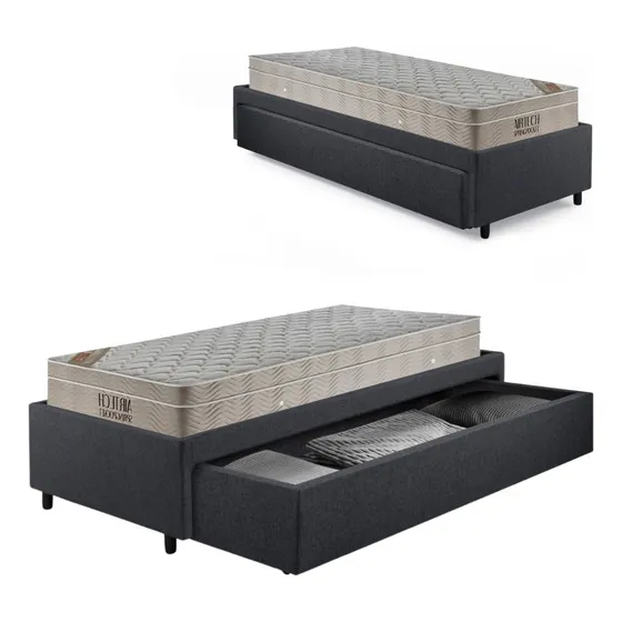 Cama Solteirão Sapateira Linho E Colchão Ortobom 96x203