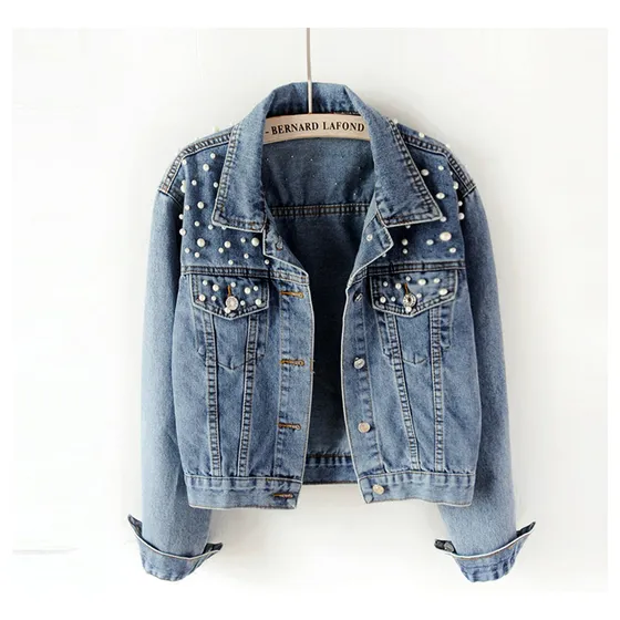 Chaqueta De Denim Con Perlas Para Mujer