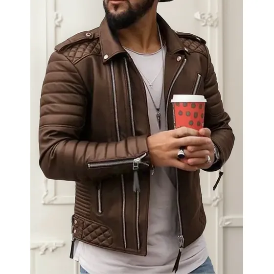 Jaqueta De Couro Masculina Duplo Zíper Slim Fit Lançamento 