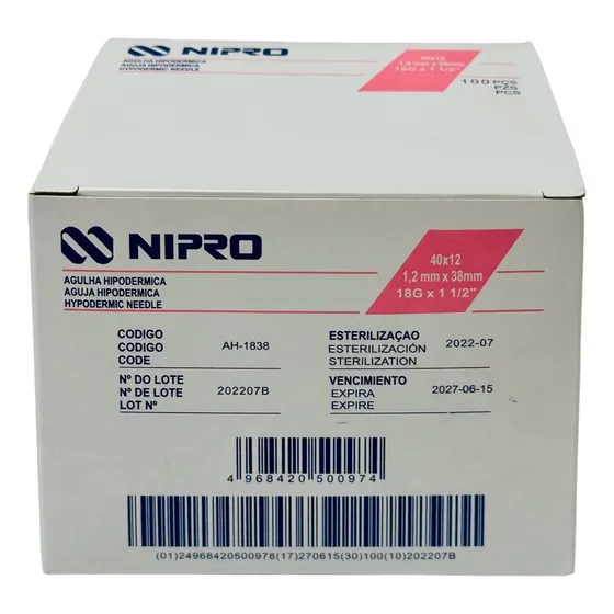 Aguja Hipodermica 18g X 1 1/2 Nipro Caja/100 Capacidad En Volumen 5 Ml