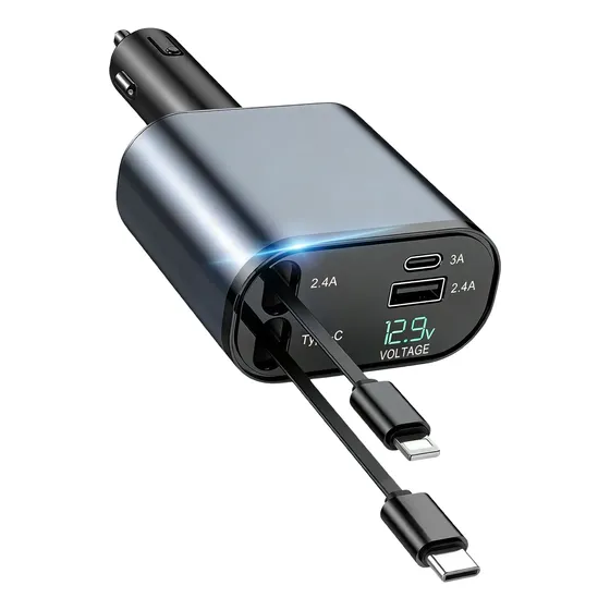 Carregador Veicular Usb Com Cabo Tipo C E Display Digital