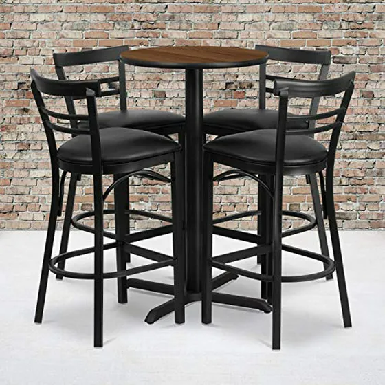 Juego De Mesa Redonda 24'' Walnut Con 4 Sillas Metal Bar