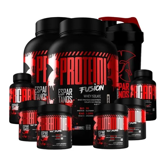 Kit 2x Whey Fusion + 2x Bcaa + 2x Crea + 2x Glutamina + Copo Sabor Morango/Baunilha