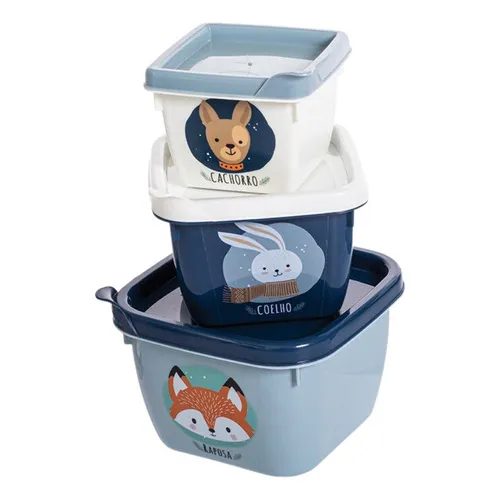 3 Potes Comidinhas Frutinhas Escola Lanche Passeio Plasútil Cor Bichinhos Azul