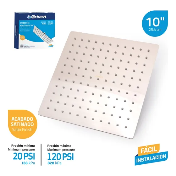Ducha Cuadrada Regadera Acero Inoxidable 10 Pulgadas Satin 