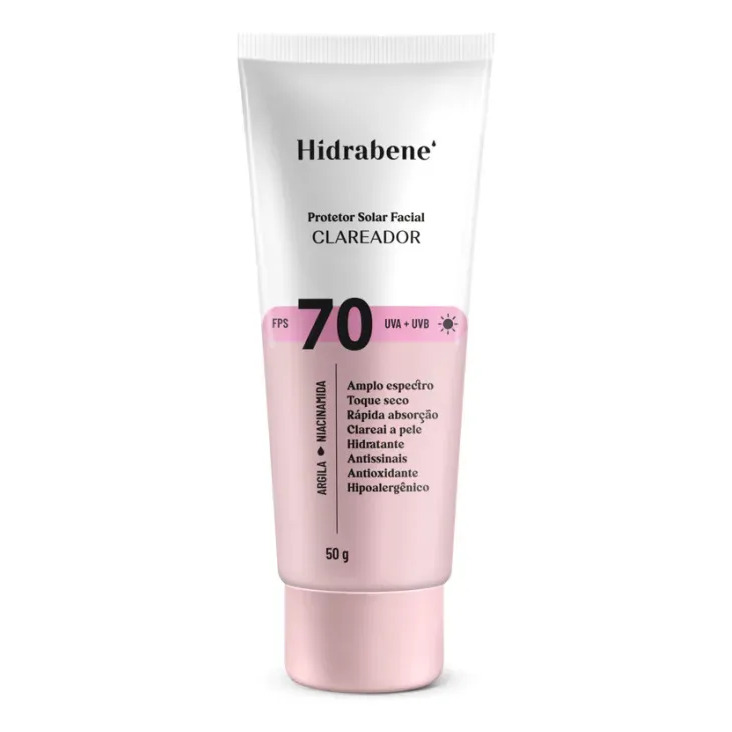 Hidrabene Protetor facial Solar FPS 70 Toque Seco Antissinais Clareia a pele 50g Hidrabene Protetor facial Solar FPS 70 Toque Seco Antissinais Clareia a pele 50g