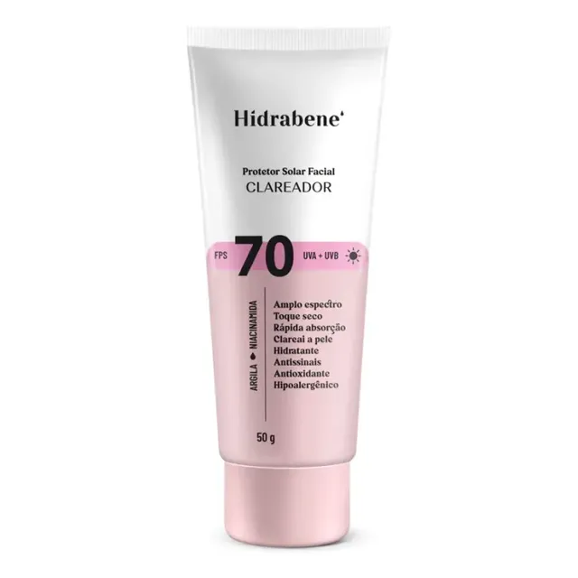 Hidrabene Protetor facial Solar FPS 70 Toque Seco Antissinais Clareia a pele 50g