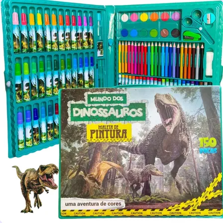 Kit Escolar Menino Maleta Pintura TeOliver 150 Peças Dinossauro Canetinhas Lápis de Cor Giz de Cera Tinta Aquarela