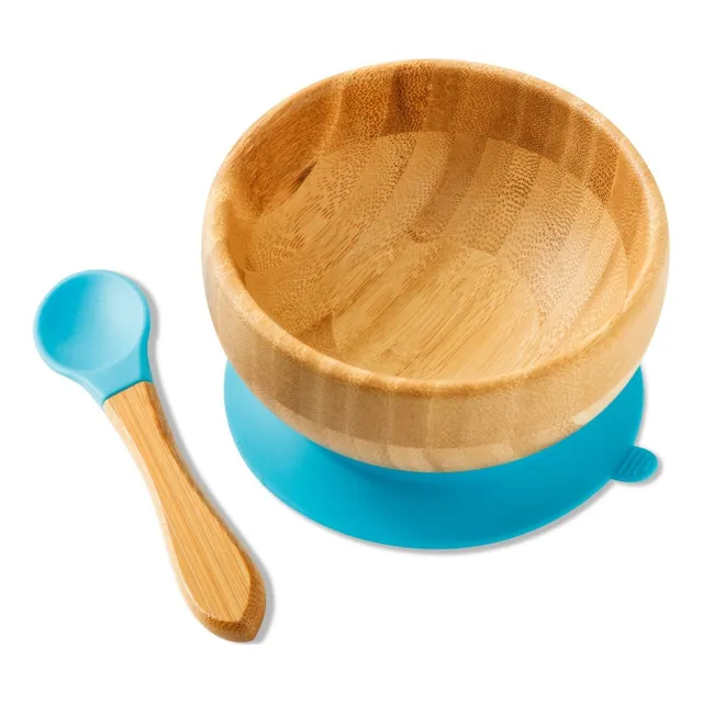 Tazón Bowl Y Cuchara Para Bebé De Bambú Base Silicona Color Azul