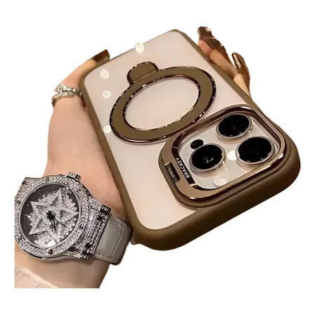 Capa Capinha Para iPhone Magsafe Com Premium Suporte Lente Marrom For iPhone 16 Pro Max