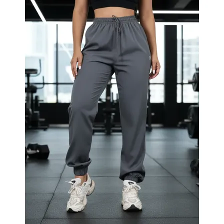 Calça Feminina Jogger Em Tactel Com Elastano Bolsos E Cordão Cinza-escuro Liso G