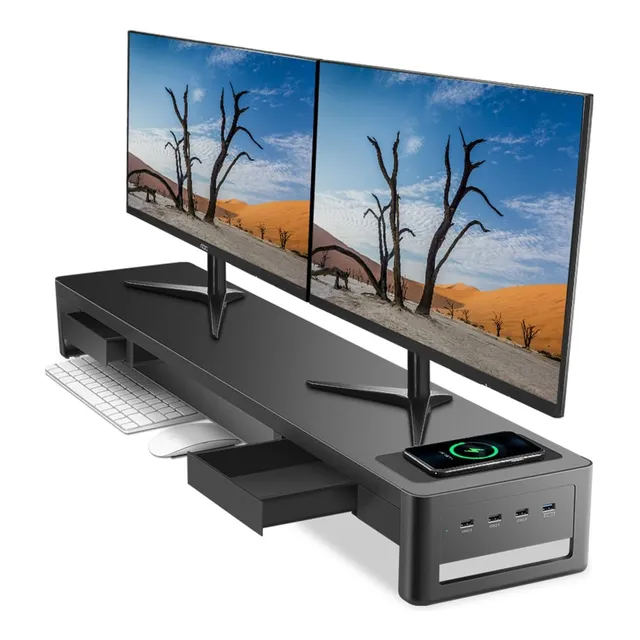 Soporte De Monitor Doble C/2 Cajones Y 4 Puertos Usb