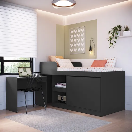 Cama Alta + Escritorio 2 Puertas 1,5 Pza Hoga Jamaica Gris