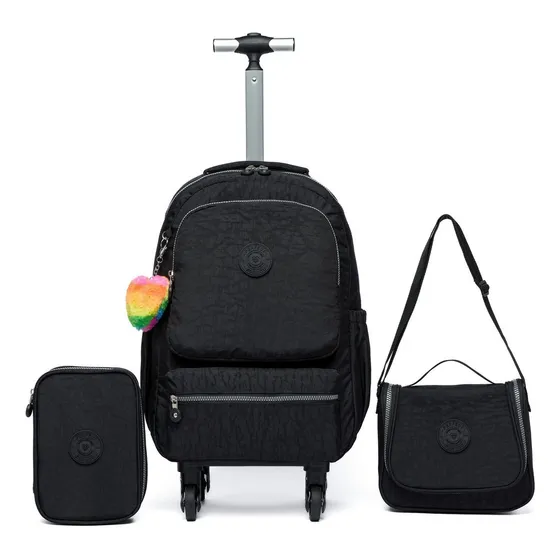Mochila De Rodinhas Lancheira Estojo Escolar Infantil Cor Preto Desenho Do Tecido Lisa