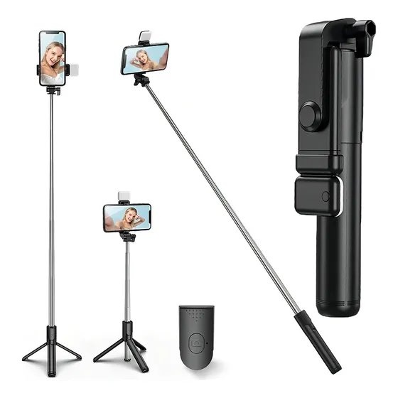 Trípode De Palo Selfie Para Móvil 1m Luz Control Bluetooth Color Negro