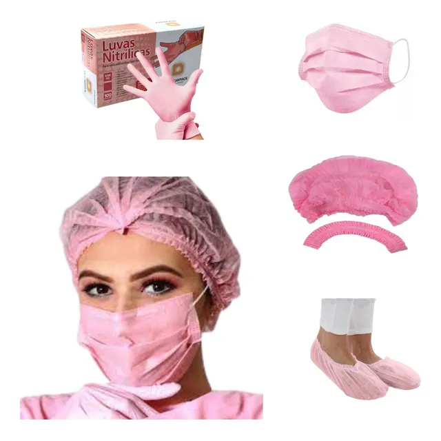 Kit Luva Nitrílica Rosa + Máscara Rosa + Touca E Prope Rosa