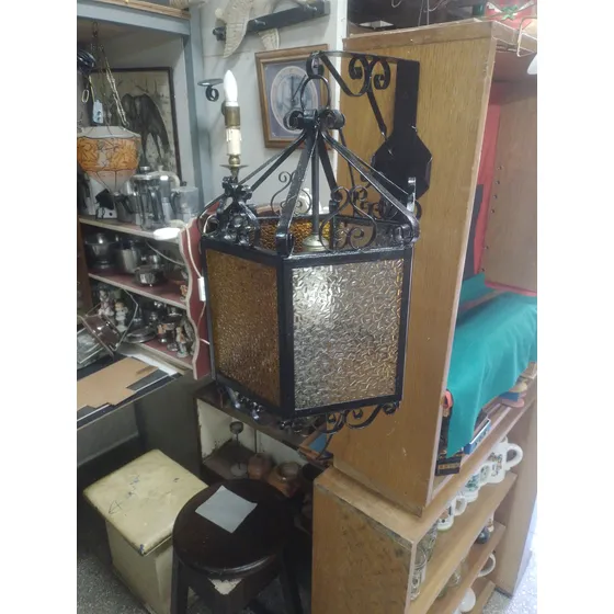 Farol Hexagonal De Hierro Forjado. Vidrio Texturado 2 Tonos