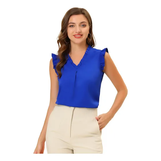 Blusas Sem Mangas Com Babados, Camisa De Negócios Vintage