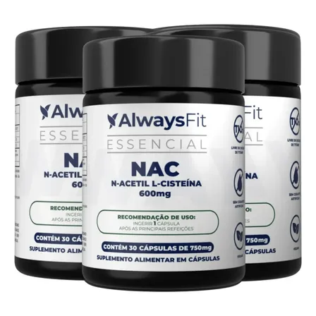 Kit 3x Nac Alwaysfit 600mg - N-acetil L-cisteína - 90 Cáps Sem Sabor