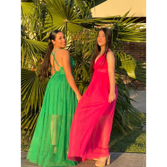 Vestido Largo De Tirantes Con Empalme En Malla