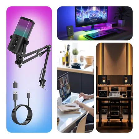 Pro Microfone Gamer Pc Condensador Rgb Com Braço Articulado