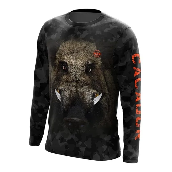 Camiseta Caçador M/ L Javali Camuflada L Ref 05 Dryfit Uv50+