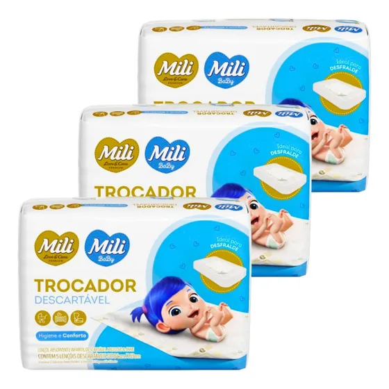 Trocador Descartável portátil p/ bebê 3 pacotes c/ 5 (total: 15 trocadores) Mili Love & Care