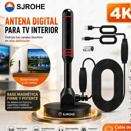 Sjrohe Antena Digital Para Tv Abierta 8k 4k 1080p Apto Para Uso En Interiores Y Exteriores Cable De Conexión De 5 Metros Amplificador De Señal De Tv Alcance De Recepción 209 Kilómetros Color Negro