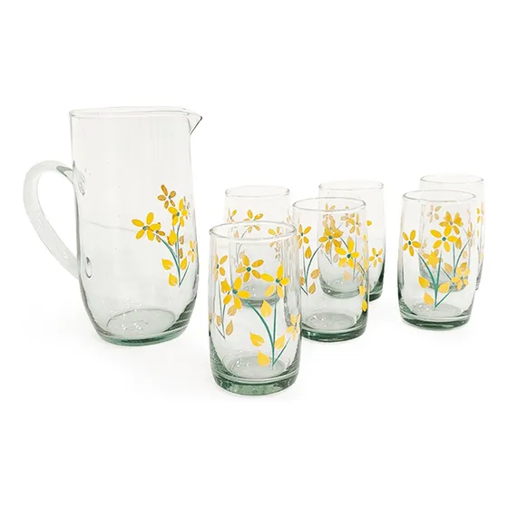 Jarra 6 Vasos Decorada Vidrio
