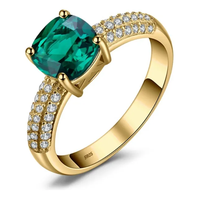 Anillo Compromiso Boda Esmeralda Plata 925 Chapado Oro 18k