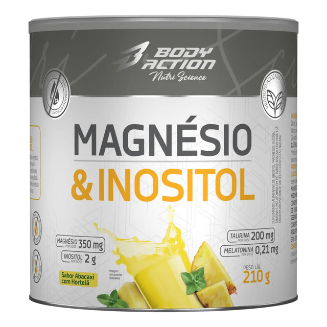 Magnésio E Inositol Taurina Melatonina 210g Bodyaction Sabor Abacaxi Com Hortelã