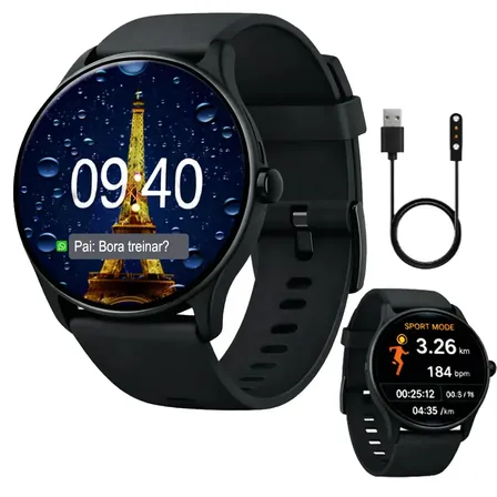 Relógio Inteligente Smartwatch Prova D'água Esportivo Redondo Masculino Feminino Allphone Lançamento 2026 Preto